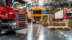 Caminhões em um centro logístico com caixas empilhadas e paletes organizados no chão.